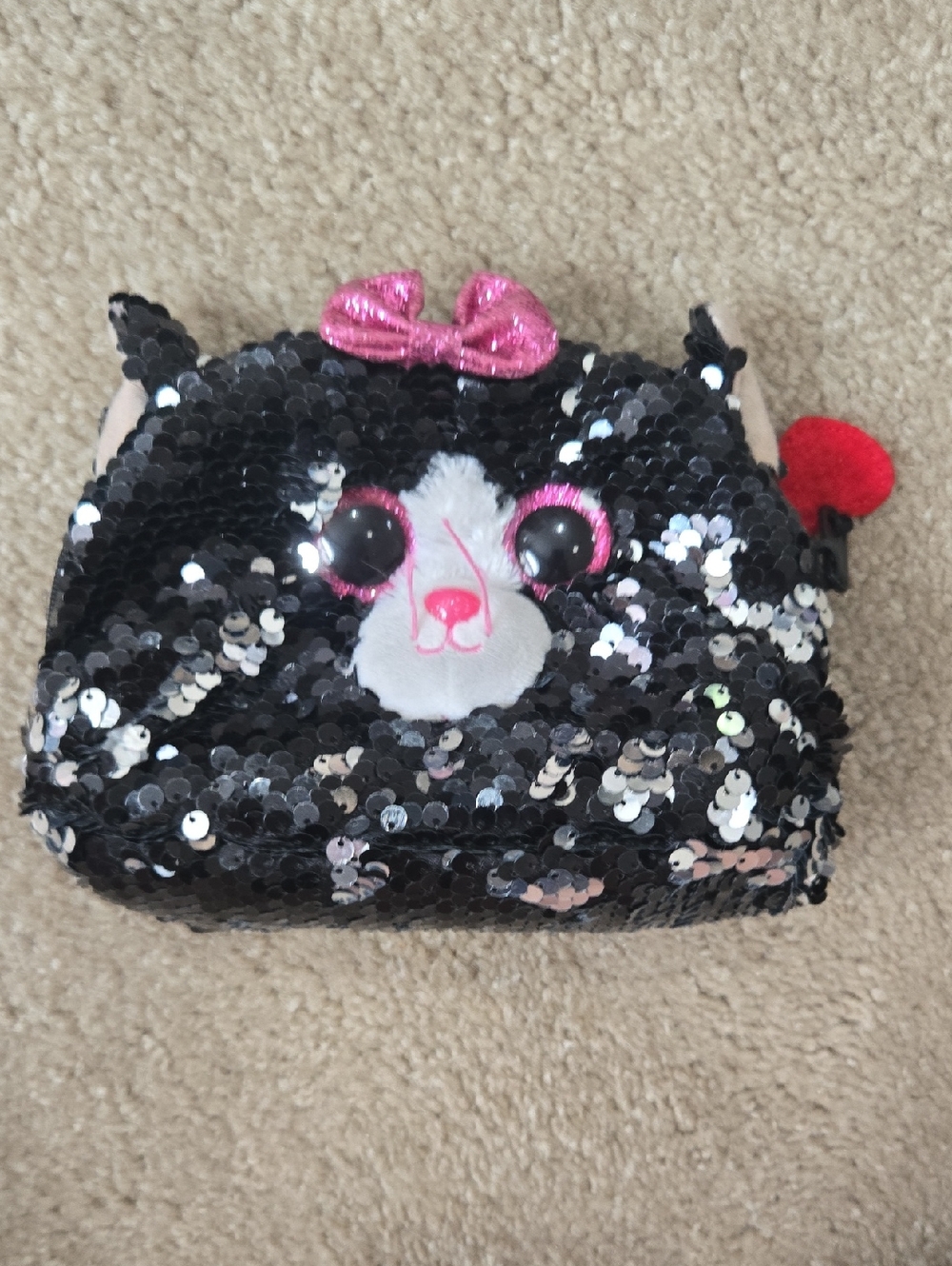 TY Fashion Cat KIKI Black/Silver Sequins Accessory Purse Clutch Pink Bow 7"